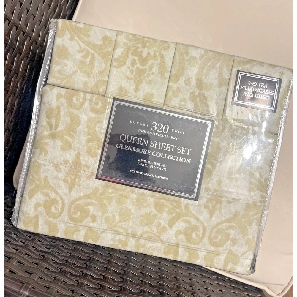 Luxury Twill Glenmore Collection‎ 320T Damask Pattern Queen Sheet Set 6 Pieces